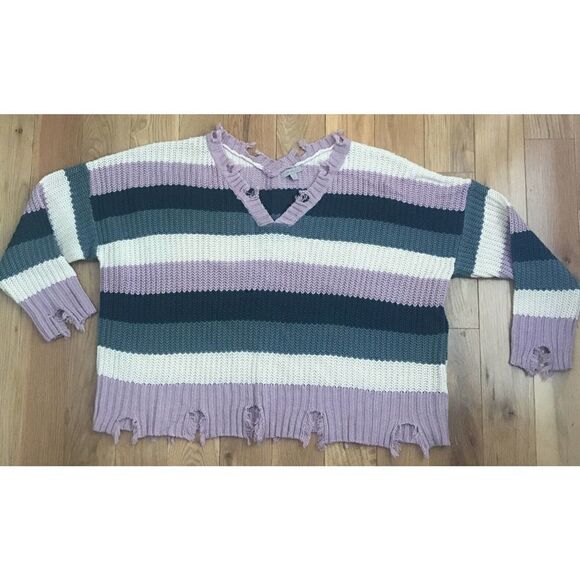 Wonderly Curvy Long Sleeve V Neck Chewed Hem Sweater Purple Stripe Women's 2XL - Picture 1 of 8